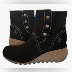 Fly London Black Ankle Boots with Gold Button Accents